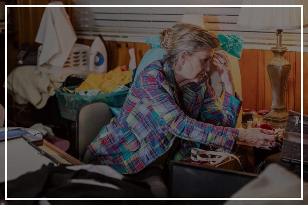 Senior Citizen woman holds her head in confusion as she is surrounded by a hoarded home that is no longer safe for her to live in, Tampa Florida.